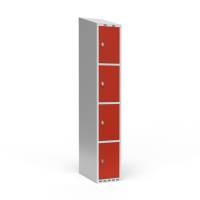 Garderobeskab 1x300mm med skråt tag, 4 rum i højden med røde døre og greb til hængelåse