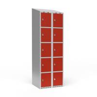 Garderobeskab skråt tag 5-delt til hængelås 2x300mm rød dør