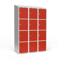 Garderobeskab 3x400mm med skråt tag, 4 rum i højden med røde døre og greb til hængelåse