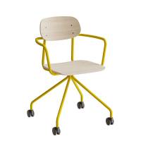 Atlas elevstol på hjul med armlæn hvid egelaminat med gult stel