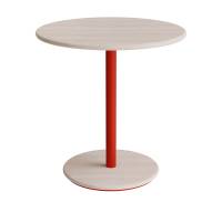 Cafébord Ø70cm, højde 72cm hvidpigmenteret ask på rødt stel