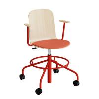 ADD elevstol på hjul hvidpigmenteret eg laminat med rødt tekstil sæde, armlæn og rødt stel