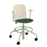 ADD elevstol på hjul hvidpigmenteret eg laminat med grønt tekstil sæde, armlæn og grønt stel