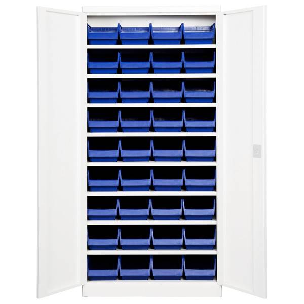 Opbevaringsskab med 36 blå kasser 1980x980x470mm lys grå dør