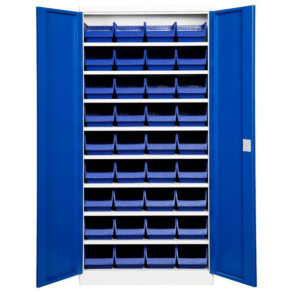 Opbevaringsskab med 36 blå kasser 1980x980x570mm blå dør