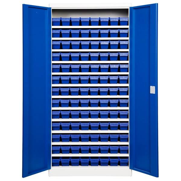 Opbevaringsskab med 104 blå kasser 1980x980x470mm blå dør