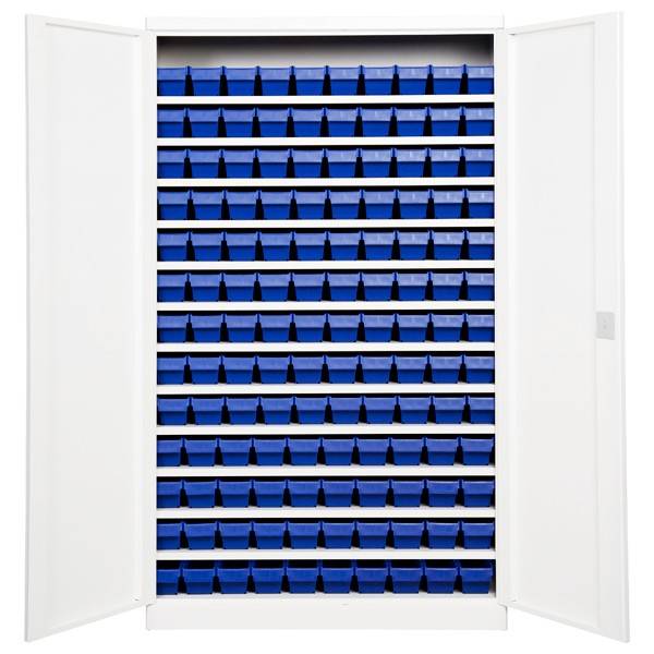 Opbevaringsskab med 130 blå kasser 1980x1200x570mm lys grå dør