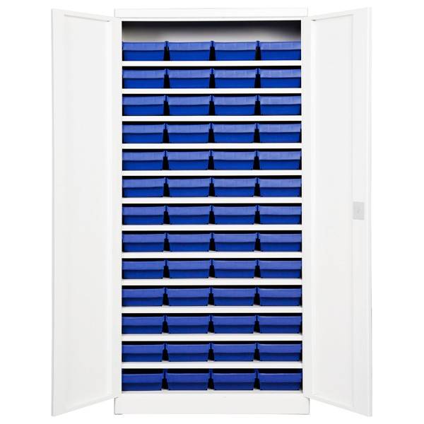 Opbevaringsskab med 52 blå kasser 1980x980x450 lys grå dør