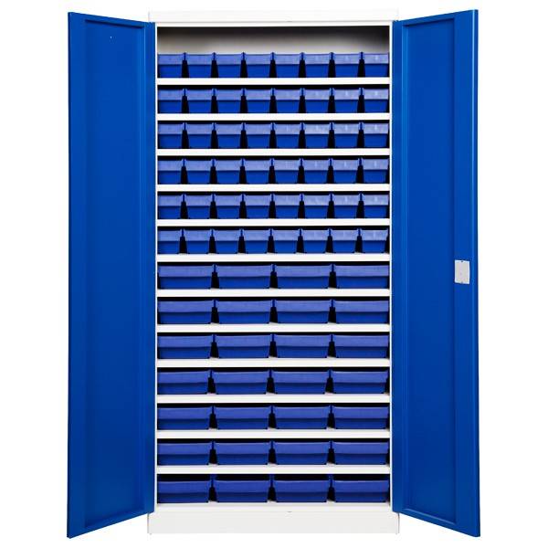 Opbevaringsskab med 76 blå kasser 1980x980x570mm blå dør