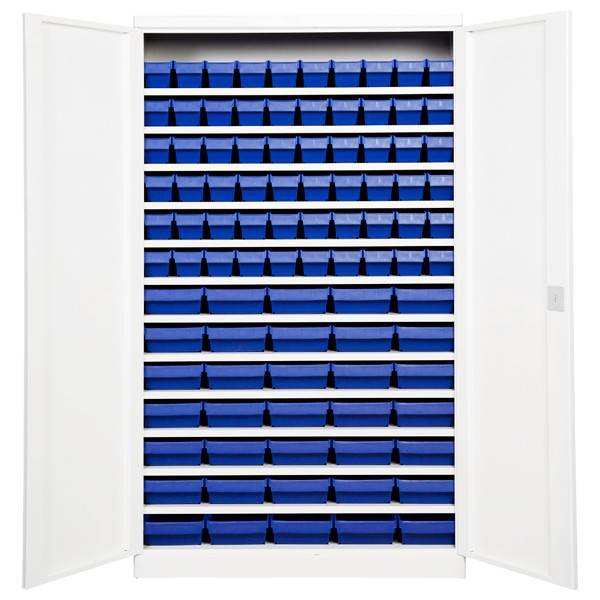 Opbevaringsskab med 95 blå kasser 1980x1200x470mm lys grå dør