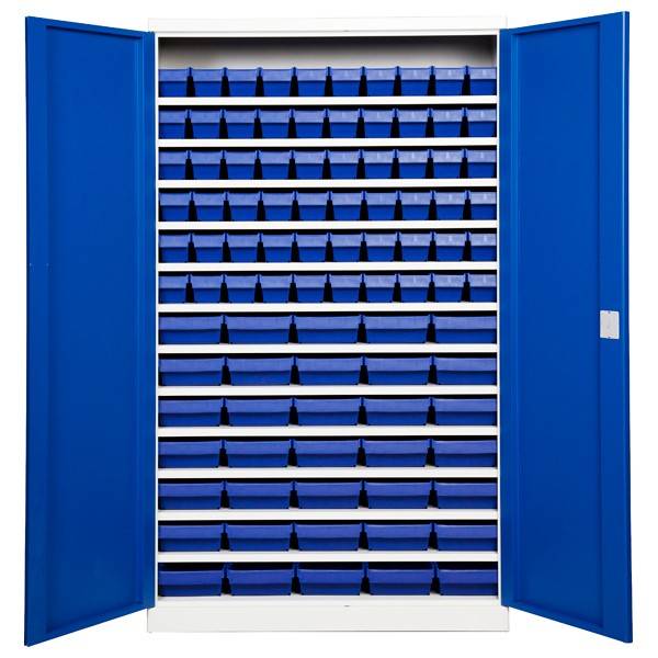 Opbevaringsskab med 95 blå kasser 1980x1200x470mm blå dør