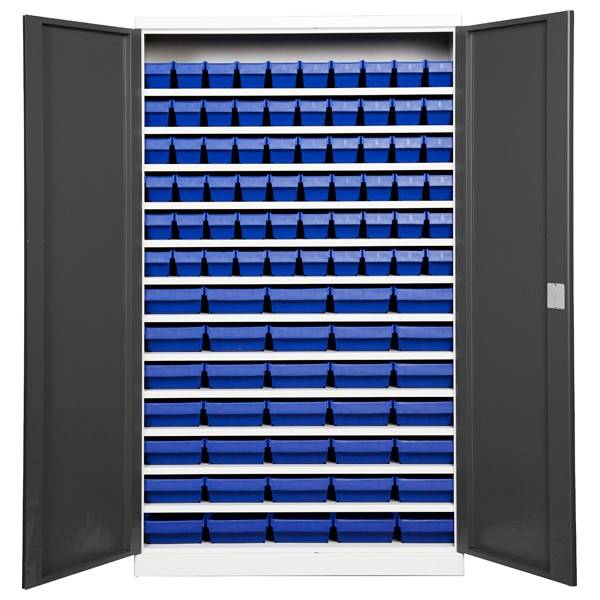 Opbevaringsskab med 95 blå kasser 1980x1200x570mm antracit dør