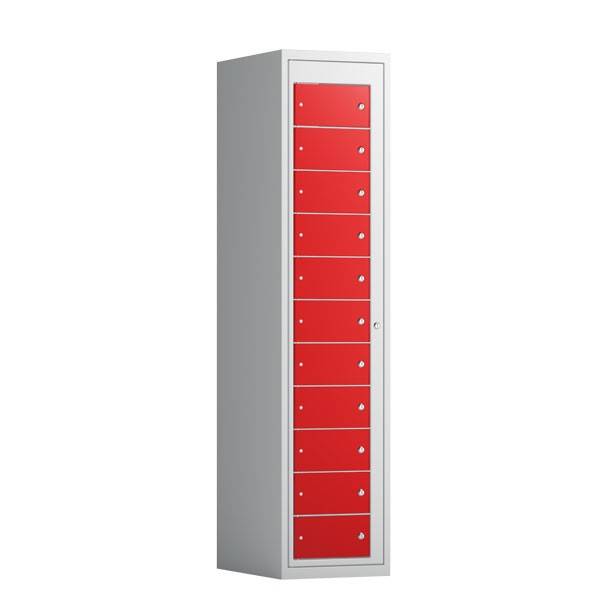 Tøjudleveringsskab 1x11 rum med cylinderlås, med lige tag og røde døre