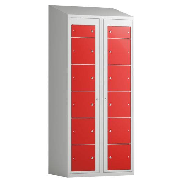 Tøjudleveringsskab 2x6 rum med cylinderlås, med skråt tag og røde døre