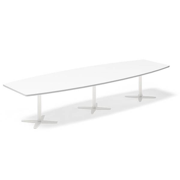 Office konferencebord bådformet 380x120cm hvid med hvidt stel