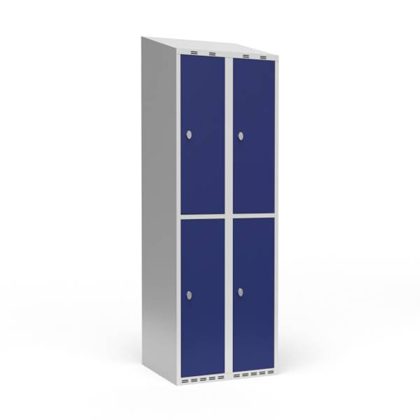 Garderobeskab 2x300mm med skråt tag, 2 rum i højden med blå døre og greb til hængelåse