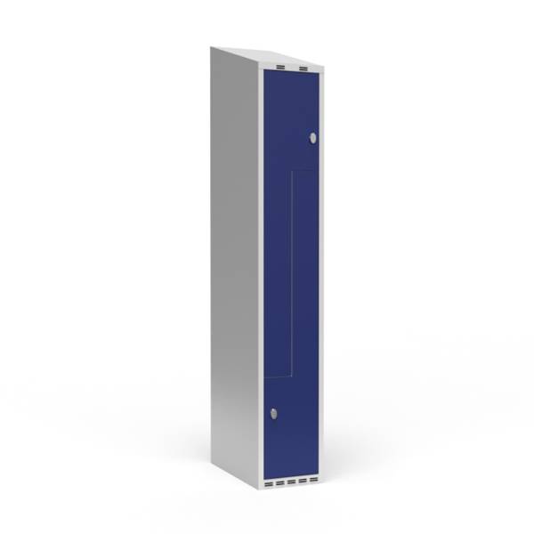 Garderobeskab 1x300mm med skråt tag,  2 delt Z-døre i blå med greb for hængelåse