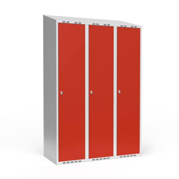 Garderobeskab 3x400mm med skråt tag, 1 rum i højden med røde døre og greb til hængelåse