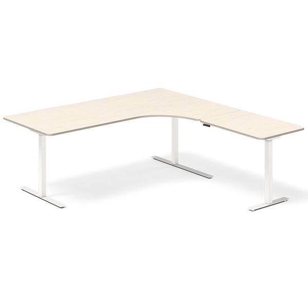 Office hæve-sænkebord højrevendt 200x200cm birk med hvidt stel