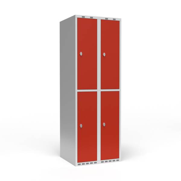 Garderobeskab 2x300mm med lige tag, 2 rum i højden med røde døre og greb til hængelåse
