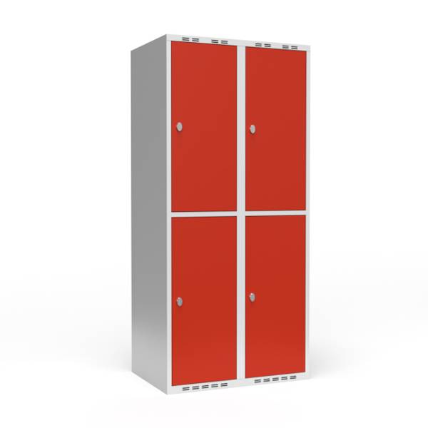 Garderobeskab 2x400mm med lige tag, 2 rum i højden med røde døre og greb til hængelåse