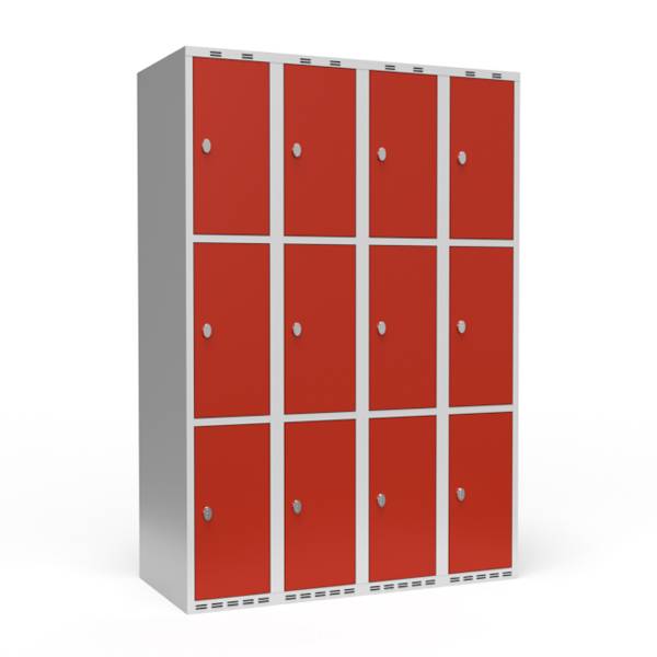 Garderobeskab 4x300mm med lige tag, 3 rum i højden med røde døre og greb til hængelåse