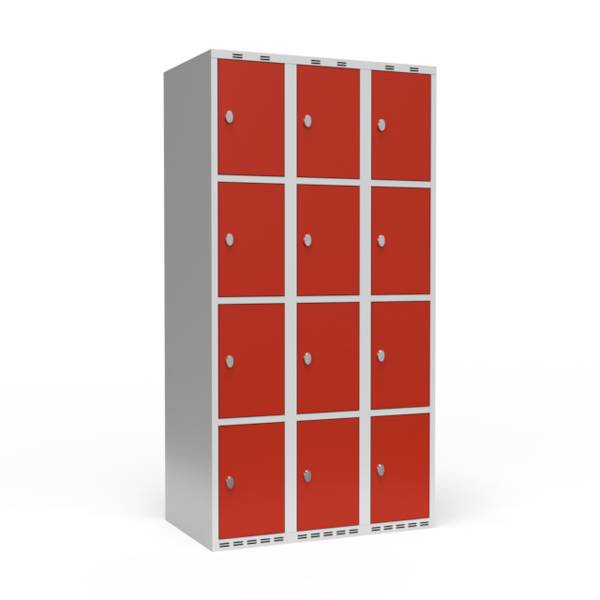 Garderobeskab 3x300mm med lige tag, 4 rum i højden med røde døre og greb til hængelåse