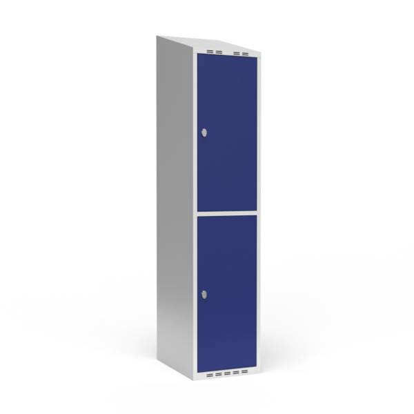 Garderobeskab 1x400mm med skråt tag, 2 blå døre med greb til hængelås