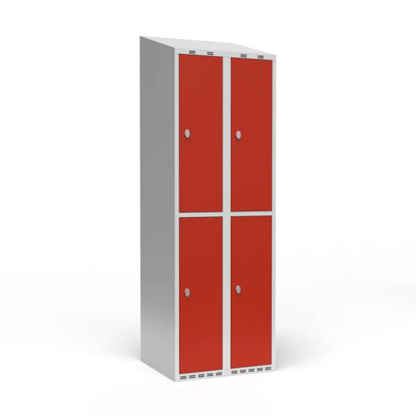 Garderobeskab 2x300mm med skråt tag, 2 rum i højden med røde døre og greb til hængelåse