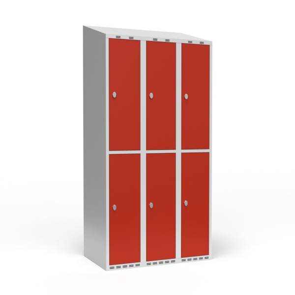 Garderobeskab 3x300mm med skråt tag, 2 rum i højden med røde døre og greb til hængelåse