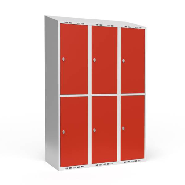 Garderobeskab 3x400mm med skråt tag, 2 rum i højden med røde døre og greb til hængelåse