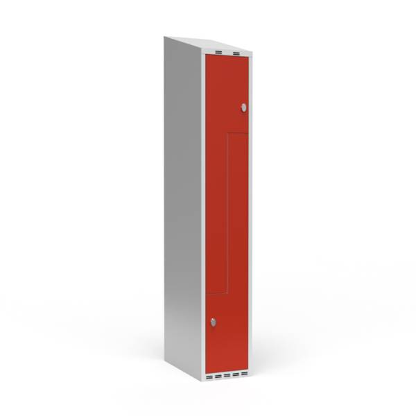 Garderobeskab 1x300mm med skråt tag,  2 delt Z-døre i rød med greb for hængelåse