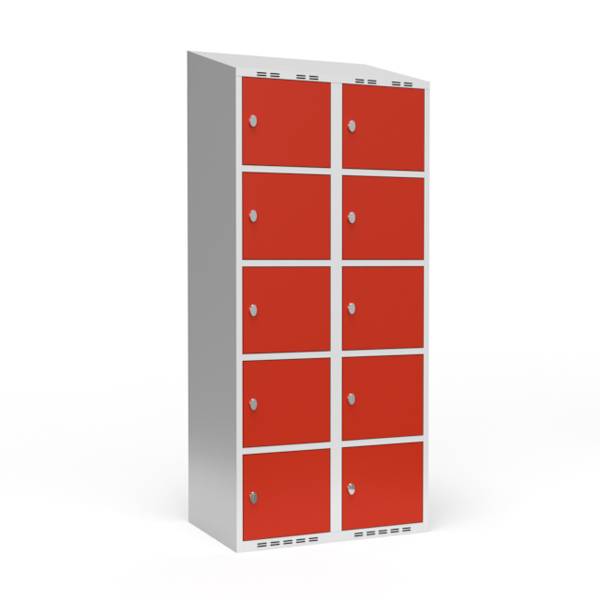 Garderobeskab 2x400mm med skråt tag, 5 rum i højden med røde døre og greb til hængelåse
