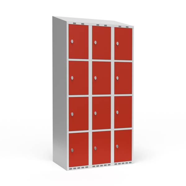 Garderobeskab 3x300mm med skråt tag, 4 rum i højden med røde døre og greb til hængelåse