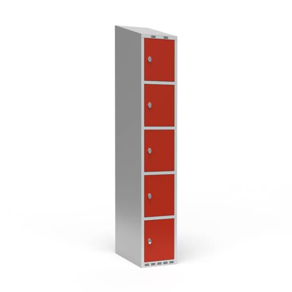 Garderobeskab 1x300mm med skråt tag, 5 rum i højden med røde døre og greb til hængelåse