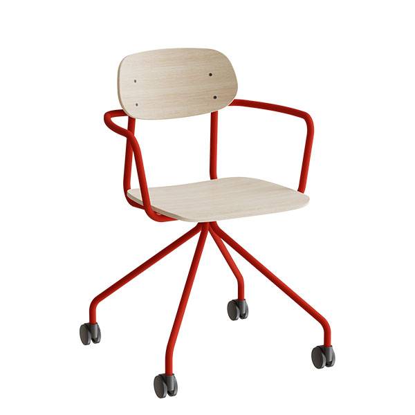 Atlas elevstol på hjul med armlæn hvid egelaminat med rødt stel