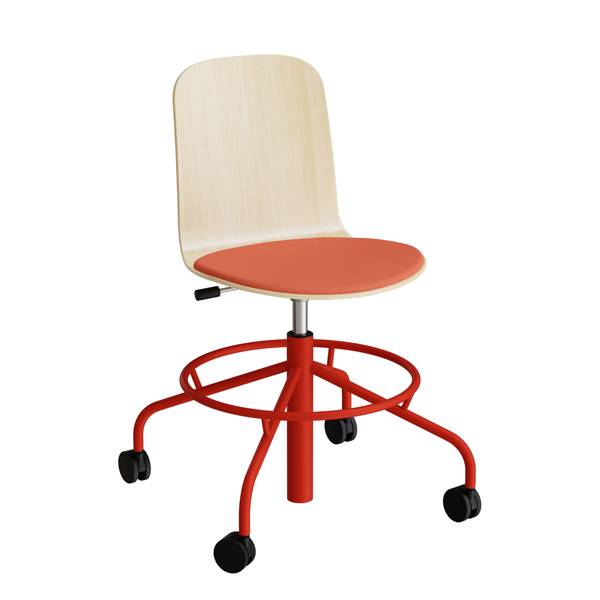ADD elevstol på hjul hvidpigmenteret eg laminat med rødt tekstil sæde og rødt stel