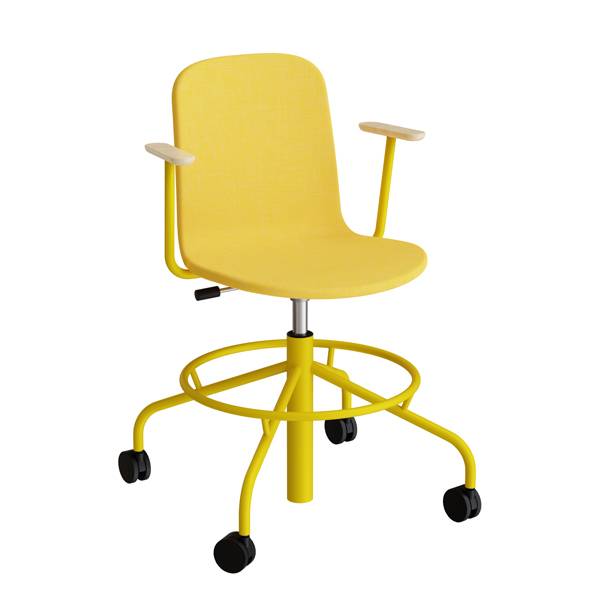 ADD elevstol på hjul med helbetrukket gult tekstil, armlæn og gult stel