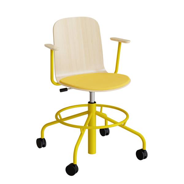 ADD elevstol på hjul hvidpigmenteret eg laminat med gult tekstil sæde, armlæn og gult stel