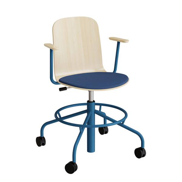 ADD elevstol på hjul hvidpigmenteret eg laminat med blåt tekstil sæde, armlæn og blåt stel