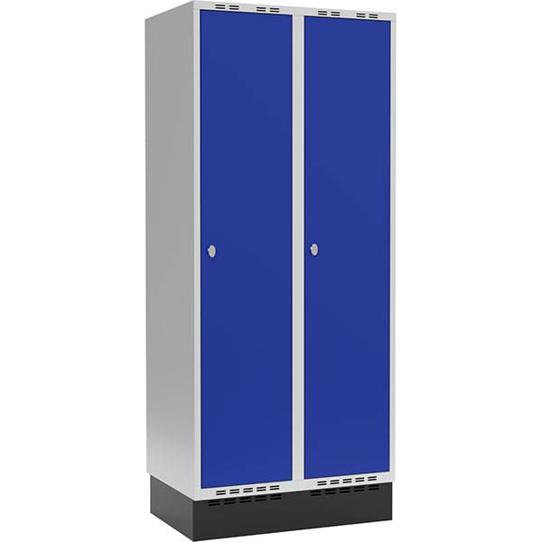 Garderobeskab 2x400mm med sokkel, 1 rum i højden med blå døre og greb til hængelåse