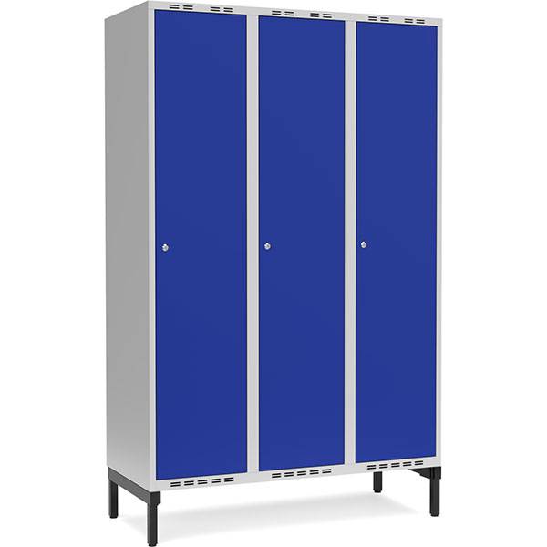 Garderobeskab 3x400mm med benramme, 1 rum i højden med blå døre og cylinderlåse