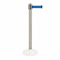 Securit afspærringsstolpe i stål med blåt udtræksbånd