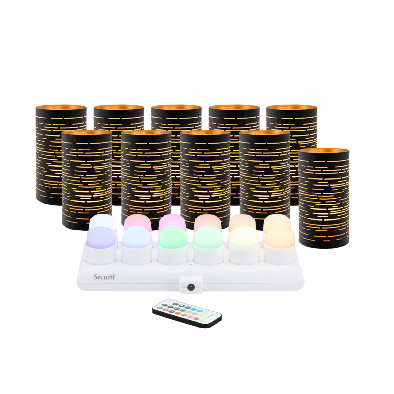 Securit CORSICA sort og guld metal stager med farvede LED lys, 12 stk