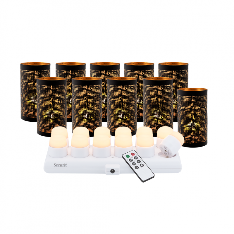 Securit IBIZA sort og guld metal stager med hvidt LED lys, 12 stk