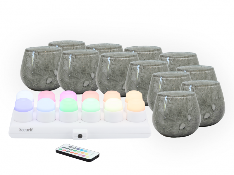Securit LUNA gr&aring; glasstager med farvede LED lys, 12 stk
