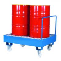 Vogns&aelig;t til spildbakke med fire hjul og skubbeh&aring;ndtag i bl&aring;