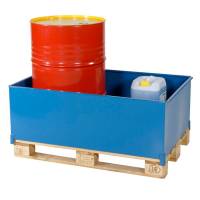 Opsamlingskar, spildbassin i st&aring;l til brug p&aring; EURO paller, bl&aring;