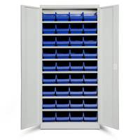 Opbevaringsskab med 36 bl&aring; kasser 1980x980x570mm, lys gr&aring; d&oslash;re