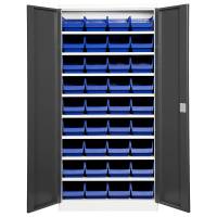 Opbevaringsskab med 36 blå kasser 1980x980x670mm, antracit døre